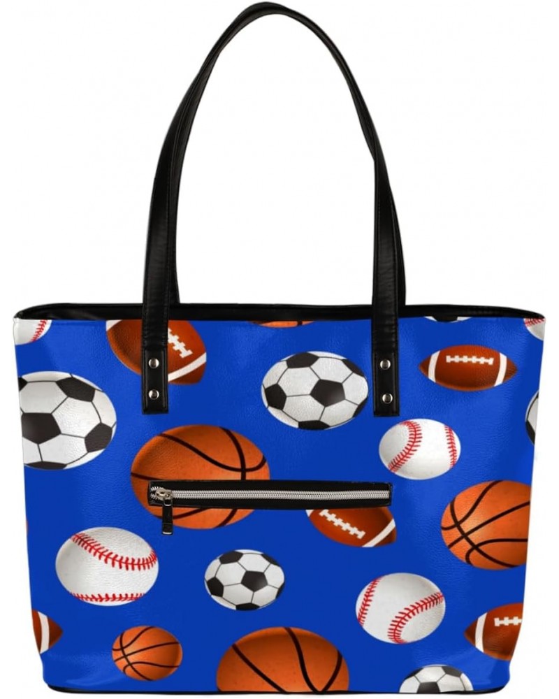 Soccer Basketball Baseball Rugby Ball Tote Bag Women Shoulder Handbags PU Leather Everyday Bag with External Pocket Large Cap...