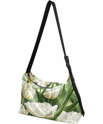 Colorful and Abstract Dark Mens Leather Shoulder Bag, Shoulder Bag, Crossbody Bag Thick Strap White Tulips-1 $18.35 Hobo Bags