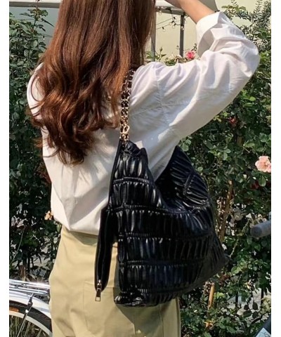 Quilted Shoulder Bag for Women PU Leather Hobo Tote Bag Armpit Purse Handbag Pleated Top Handle Bag Black-l $24.63 Totes