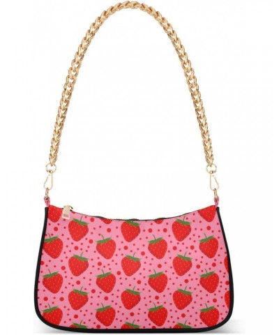 Pink Strawberry Dot Shoulder Bag for Women Fabric Crescent Handbag with Zipper Chain Clutch Purses for Travel Party Concert T...