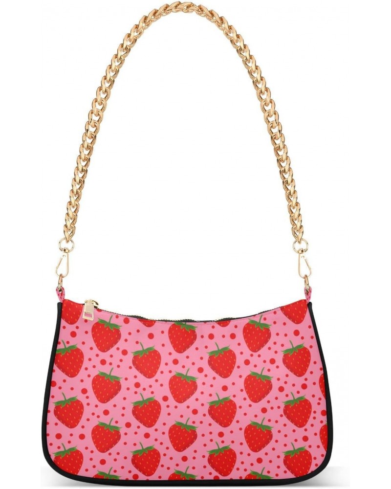 Pink Strawberry Dot Shoulder Bag for Women Fabric Crescent Handbag with Zipper Chain Clutch Purses for Travel Party Concert T...