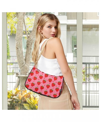 Pink Strawberry Dot Shoulder Bag for Women Fabric Crescent Handbag with Zipper Chain Clutch Purses for Travel Party Concert T...