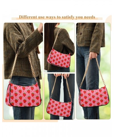 Pink Strawberry Dot Shoulder Bag for Women Fabric Crescent Handbag with Zipper Chain Clutch Purses for Travel Party Concert T...