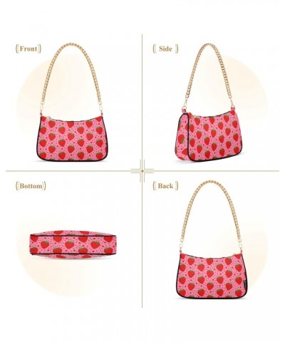 Pink Strawberry Dot Shoulder Bag for Women Fabric Crescent Handbag with Zipper Chain Clutch Purses for Travel Party Concert T...