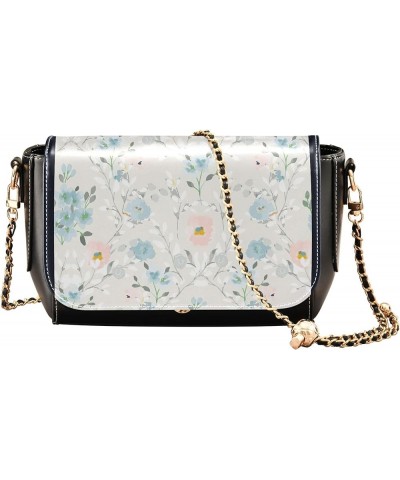 Floral Blue Small Flower Shoulder Leather Bags Black Women Crossbody Bag Purses Trendy Handbag with Chain Strap Floral Branch...