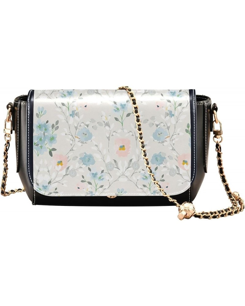 Floral Blue Small Flower Shoulder Leather Bags Black Women Crossbody Bag Purses Trendy Handbag with Chain Strap Floral Branch...