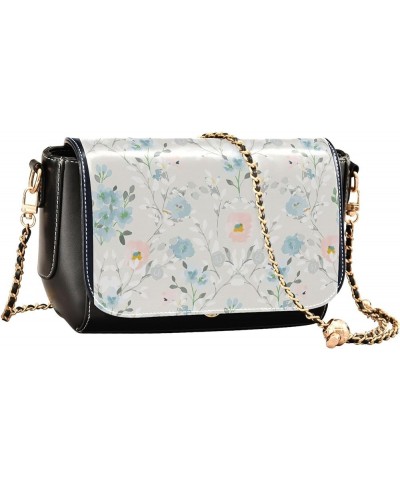 Floral Blue Small Flower Shoulder Leather Bags Black Women Crossbody Bag Purses Trendy Handbag with Chain Strap Floral Branch...