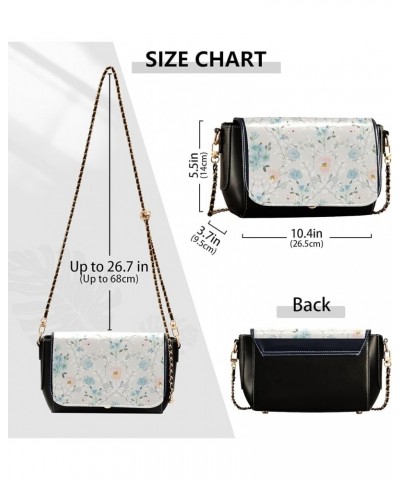 Floral Blue Small Flower Shoulder Leather Bags Black Women Crossbody Bag Purses Trendy Handbag with Chain Strap Floral Branch...