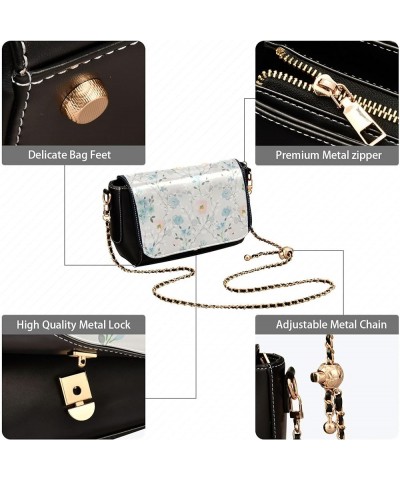 Floral Blue Small Flower Shoulder Leather Bags Black Women Crossbody Bag Purses Trendy Handbag with Chain Strap Floral Branch...