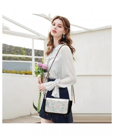 Floral Blue Small Flower Shoulder Leather Bags Black Women Crossbody Bag Purses Trendy Handbag with Chain Strap Floral Branch...