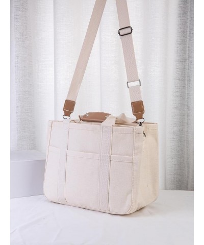 Canvas Tote Bag with Multi Pockets Women Carry Evverything Tote Bag with Compartments Tote Handbag Mommy Bag (Beige) Beige $1...