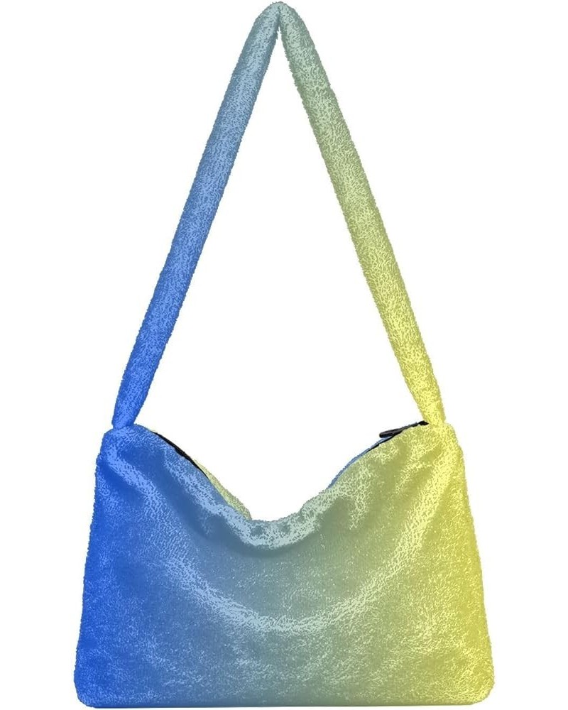 Gradient Color Women Designer Hobo Bags, Furry Tote Women Single Shoulder Bag Blue Yellow Gradient1 $8.82 Totes