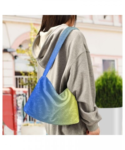 Gradient Color Women Designer Hobo Bags, Furry Tote Women Single Shoulder Bag Blue Yellow Gradient1 $8.82 Totes