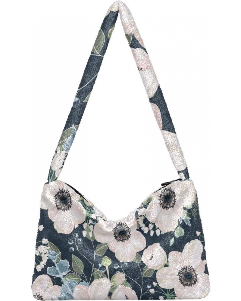 Floral Watercolor Furry Tote Bag for Women Crossbody Bag Casual Shoulder Handbags Hobo Purse with Zipper for Fall $12.17 Totes