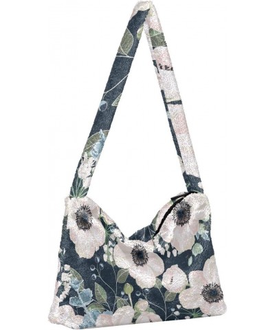 Floral Watercolor Furry Tote Bag for Women Crossbody Bag Casual Shoulder Handbags Hobo Purse with Zipper for Fall $12.17 Totes