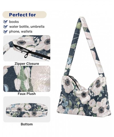 Floral Watercolor Furry Tote Bag for Women Crossbody Bag Casual Shoulder Handbags Hobo Purse with Zipper for Fall $12.17 Totes