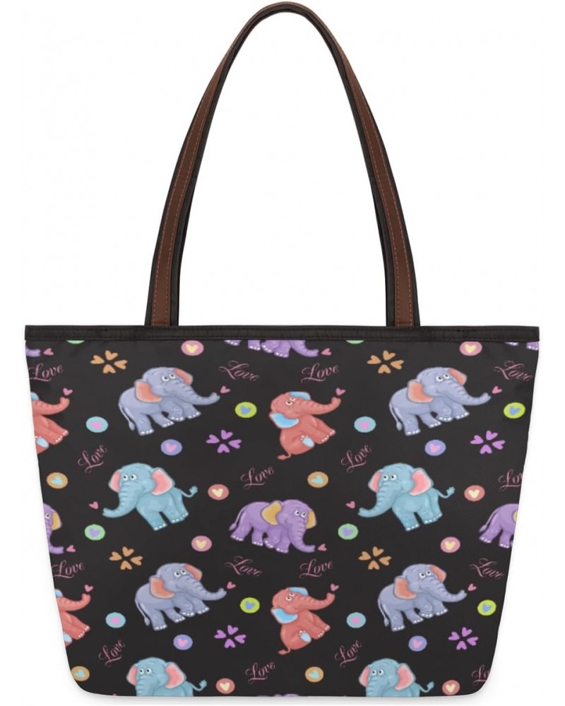 Cartoon Elephant Love Heart Large Tote Bag For Women Shoulder Handbags with Zippper Top Handle Satchel Bags for Shopping Trav...