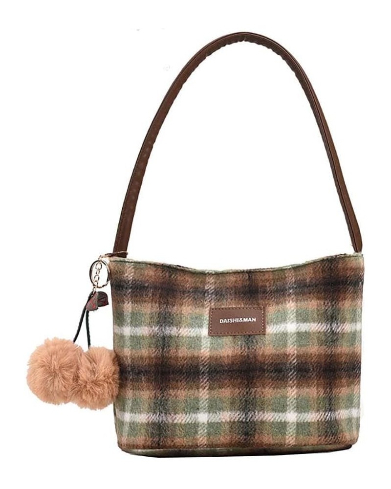 Woolen bag retro colored plaid underarm shoulder bag handbag women's bag tote bag Green $24.75 Totes