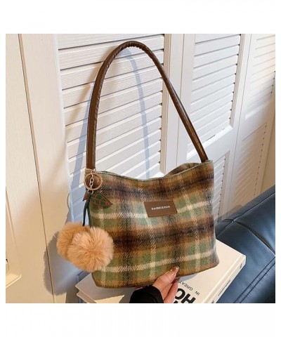 Woolen bag retro colored plaid underarm shoulder bag handbag women's bag tote bag Green $24.75 Totes