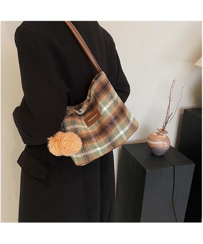 Woolen bag retro colored plaid underarm shoulder bag handbag women's bag tote bag Green $24.75 Totes