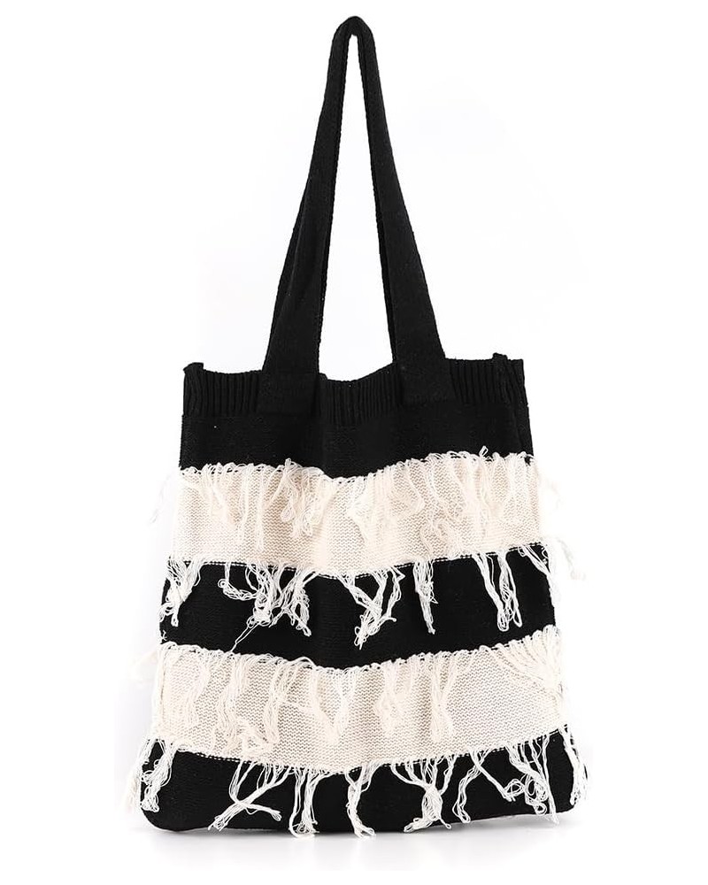 Crochet Tote Bag Cute Aesthetic Hobo Bag Tassel Knitted Shoulder Bag Y2k Knit Bags Purse Shopping Hollow Bag for Women Black ...