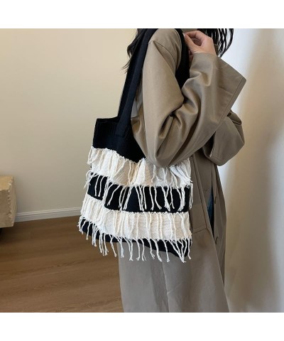 Crochet Tote Bag Cute Aesthetic Hobo Bag Tassel Knitted Shoulder Bag Y2k Knit Bags Purse Shopping Hollow Bag for Women Black ...