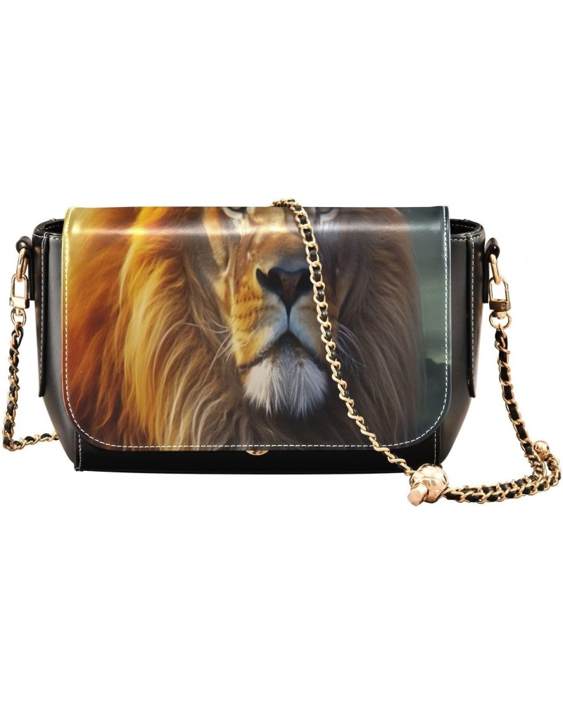 Beautiful Lion Leather Crossbody Bag for Women Small Handbag with Chain Strap, Flip-Top Crossbody Purse $21.19 Crossbody Bags