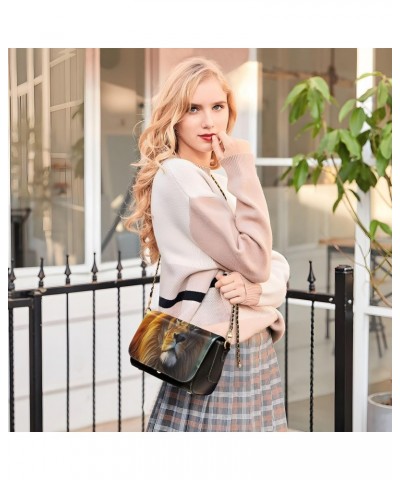 Beautiful Lion Leather Crossbody Bag for Women Small Handbag with Chain Strap, Flip-Top Crossbody Purse $21.19 Crossbody Bags