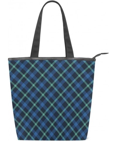 Canvas Top Handle Tote Bag Blue Green Tartan Plaid Shoulder Bag Handbag for Women $13.74 Shoulder Bags