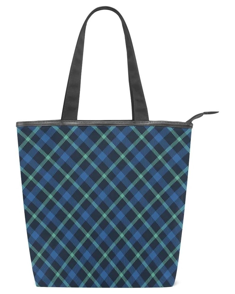 Canvas Top Handle Tote Bag Blue Green Tartan Plaid Shoulder Bag Handbag for Women $13.74 Shoulder Bags