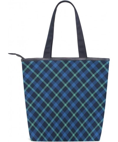 Canvas Top Handle Tote Bag Blue Green Tartan Plaid Shoulder Bag Handbag for Women $13.74 Shoulder Bags