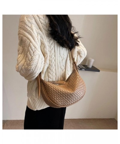 Small Woven Crescent Shoulder Bag for Women Vegan Leather Crossbody Bag Trendy Woven Hobo Purse Khaki $15.29 Shoulder Bags