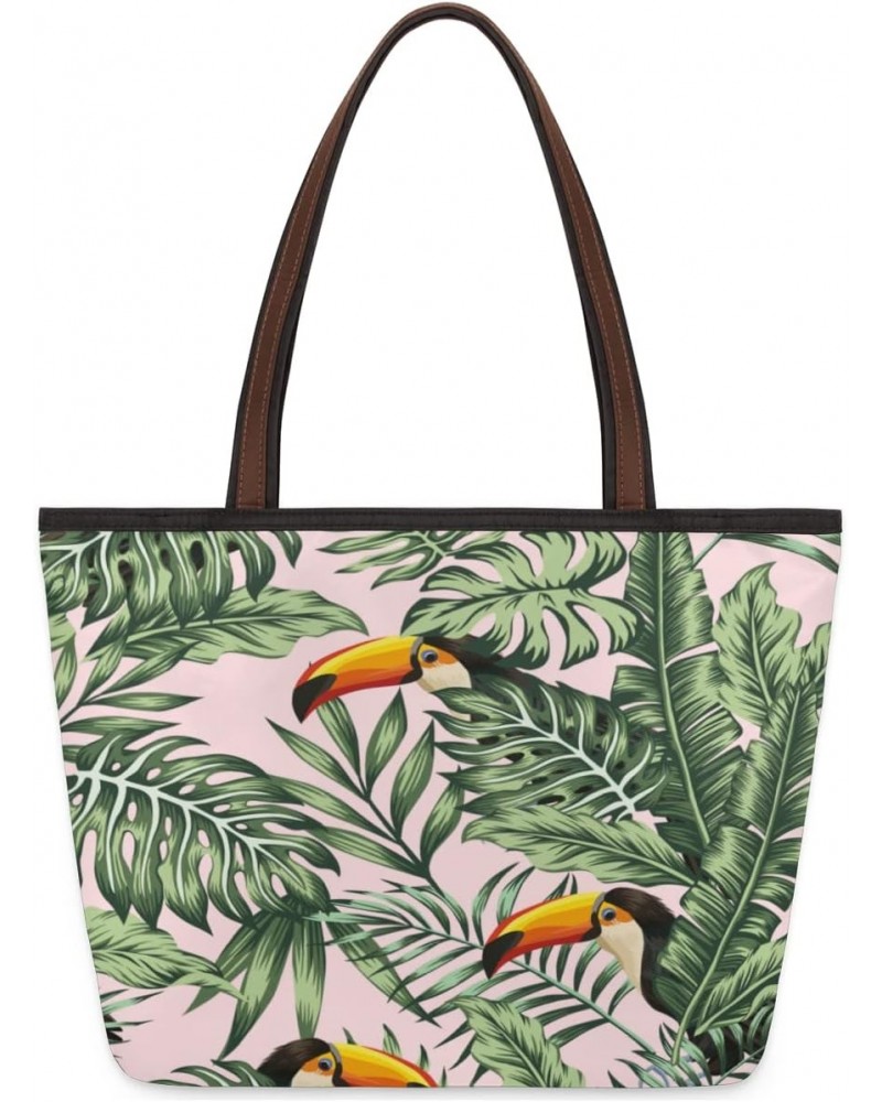 Tote Bag Large Handbag Tropical Bird Toucan Palm Leaves Shoulder Bag Satchel Purse Work Travel Tote Bag with Zipper $13.49 Sa...