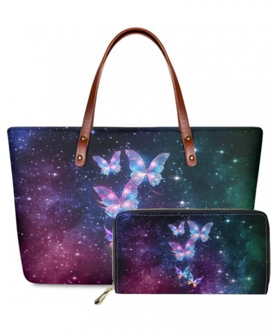 Women Satchel Handbags Shoulder Purses Totes Work Bags with Leather Wallet 2-Piece Set Galaxy Butterfly Print $20.58 Wallets