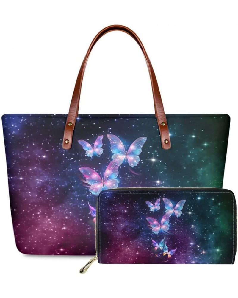 Women Satchel Handbags Shoulder Purses Totes Work Bags with Leather Wallet 2-Piece Set Galaxy Butterfly Print $20.58 Wallets