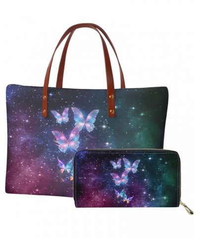 Women Satchel Handbags Shoulder Purses Totes Work Bags with Leather Wallet 2-Piece Set Galaxy Butterfly Print $20.58 Wallets