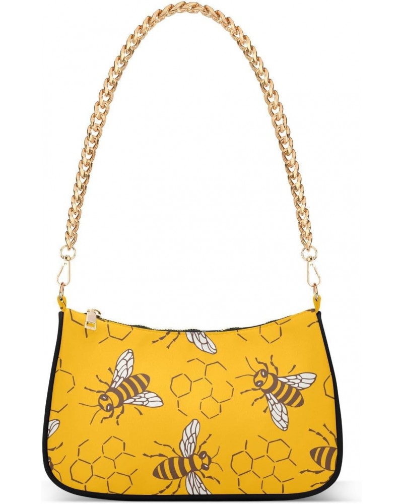 Small Chain Shoulder Bag for Women Yellow Honeycomb Bee Flower Honey Old Hobo Handbags Tote Clutch Bag Ladies Crossbody Bag P...