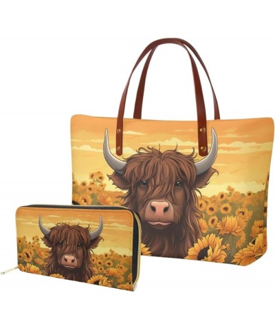 Tote Purse and Wallet Set,Large Handbags Storage Top Handle Shoulder Bag and Long Leather Wallet Highland Cow $24.50 Satchels