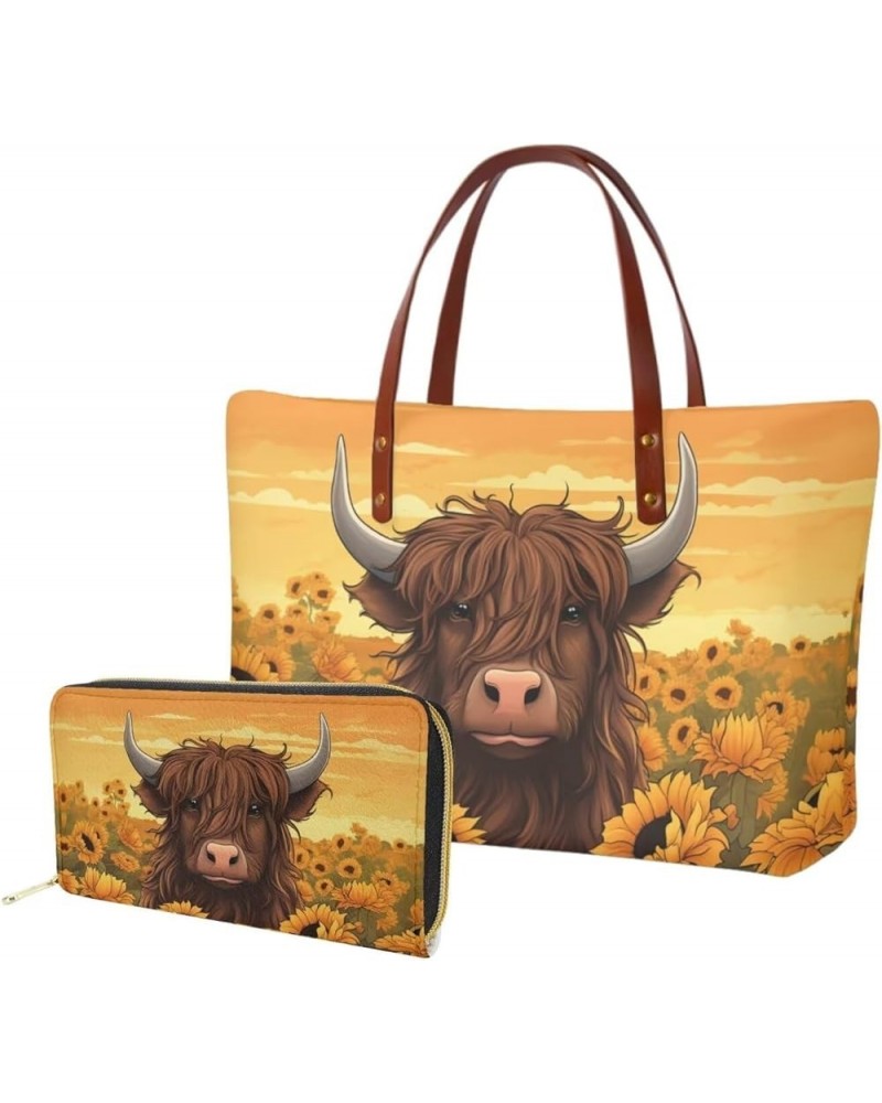 Tote Purse and Wallet Set,Large Handbags Storage Top Handle Shoulder Bag and Long Leather Wallet Highland Cow $24.50 Satchels