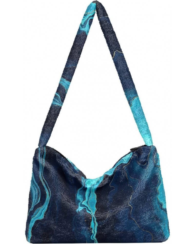 Blue Marble Plush Underarm Bag Women's Tote Handbags Fluffy Shoulder Bag Purse Lightweight Tote Bags Phone Purse for Gifts Ca...