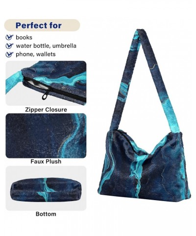 Blue Marble Plush Underarm Bag Women's Tote Handbags Fluffy Shoulder Bag Purse Lightweight Tote Bags Phone Purse for Gifts Ca...