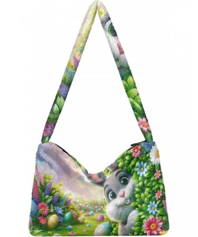 Ladies Soft Plush Underarm Bag Easter-eggs-rabbit-floral Fluffy Shoulder Bag Women Furry Purse Handbag $13.12 Shoulder Bags