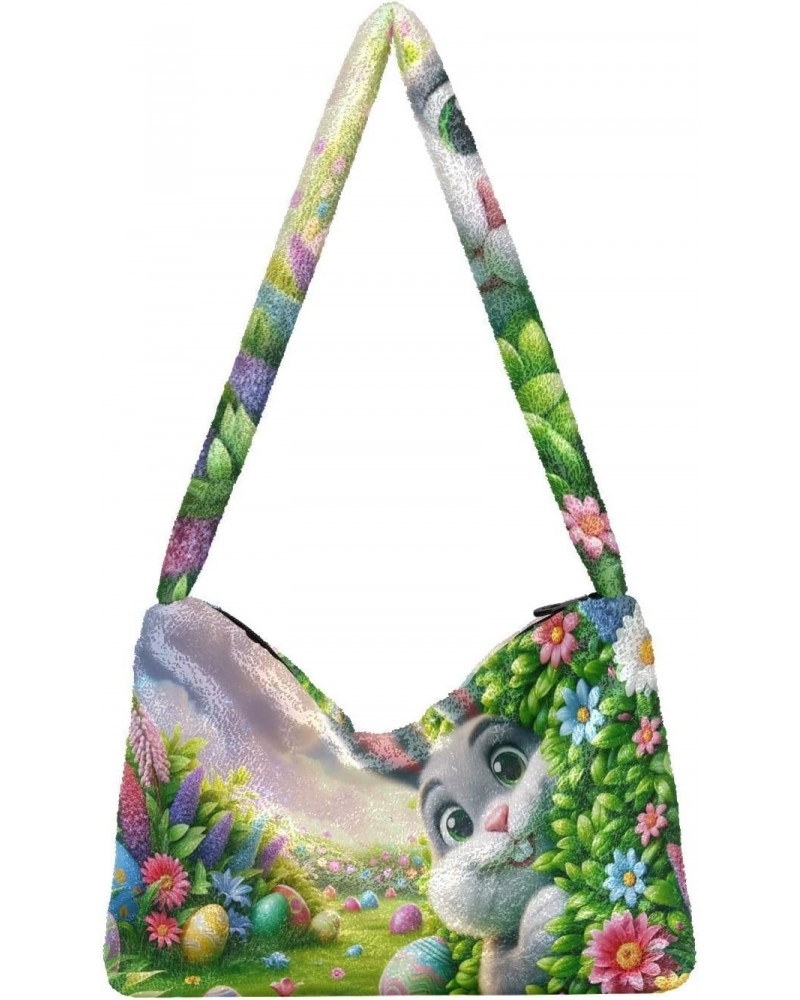 Ladies Soft Plush Underarm Bag Easter-eggs-rabbit-floral Fluffy Shoulder Bag Women Furry Purse Handbag $13.12 Shoulder Bags