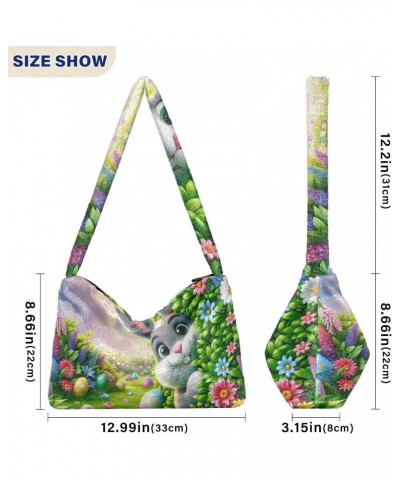 Ladies Soft Plush Underarm Bag Easter-eggs-rabbit-floral Fluffy Shoulder Bag Women Furry Purse Handbag $13.12 Shoulder Bags