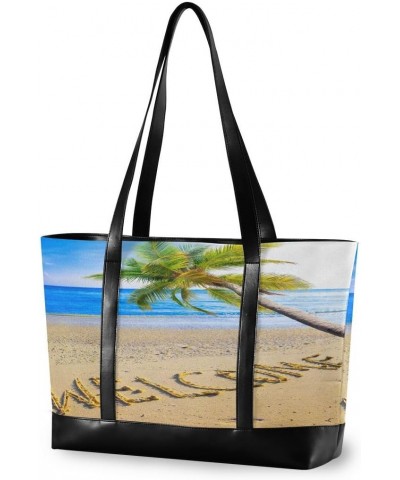 Women's Tote Shoulder Bag on A Beach It Is Written Welcome and A Palm Tree over Ocean Rainbow Flag Capacity Handbag $24.19 Sh...