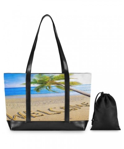 Women's Tote Shoulder Bag on A Beach It Is Written Welcome and A Palm Tree over Ocean Rainbow Flag Capacity Handbag $24.19 Sh...