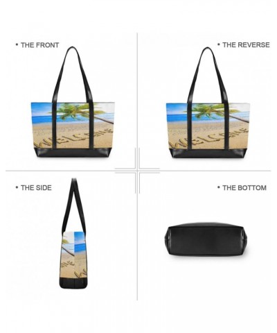 Women's Tote Shoulder Bag on A Beach It Is Written Welcome and A Palm Tree over Ocean Rainbow Flag Capacity Handbag $24.19 Sh...