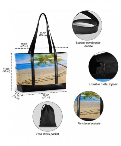 Women's Tote Shoulder Bag on A Beach It Is Written Welcome and A Palm Tree over Ocean Rainbow Flag Capacity Handbag $24.19 Sh...