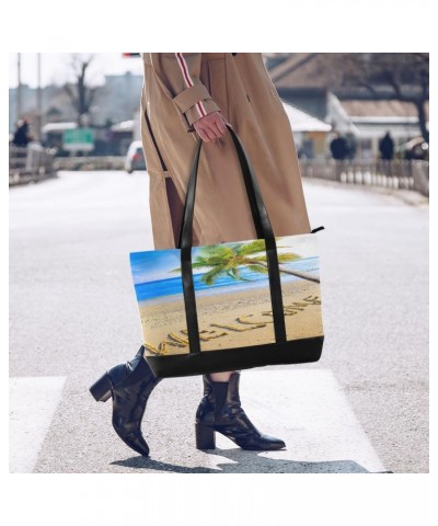 Women's Tote Shoulder Bag on A Beach It Is Written Welcome and A Palm Tree over Ocean Rainbow Flag Capacity Handbag $24.19 Sh...