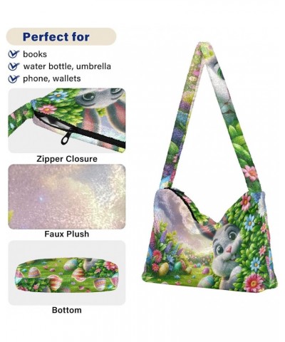 Ladies Soft Plush Underarm Bag Easter-eggs-rabbit-floral Fluffy Shoulder Bag Women Furry Purse Handbag $13.12 Shoulder Bags